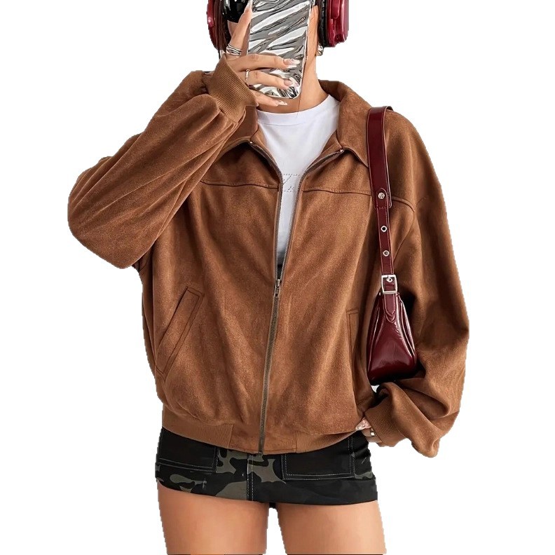 Women's Faux Suede Zip-Up Collared Jacket