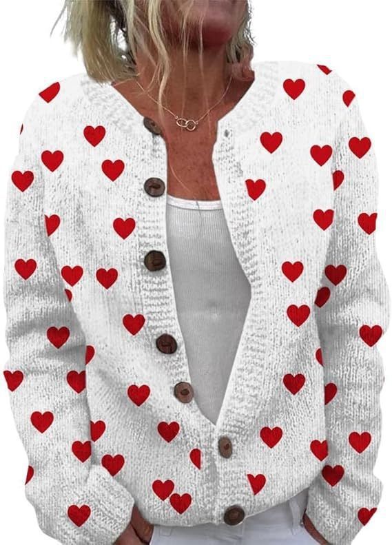 Women's Heart Print Button Cardigan Sweater
