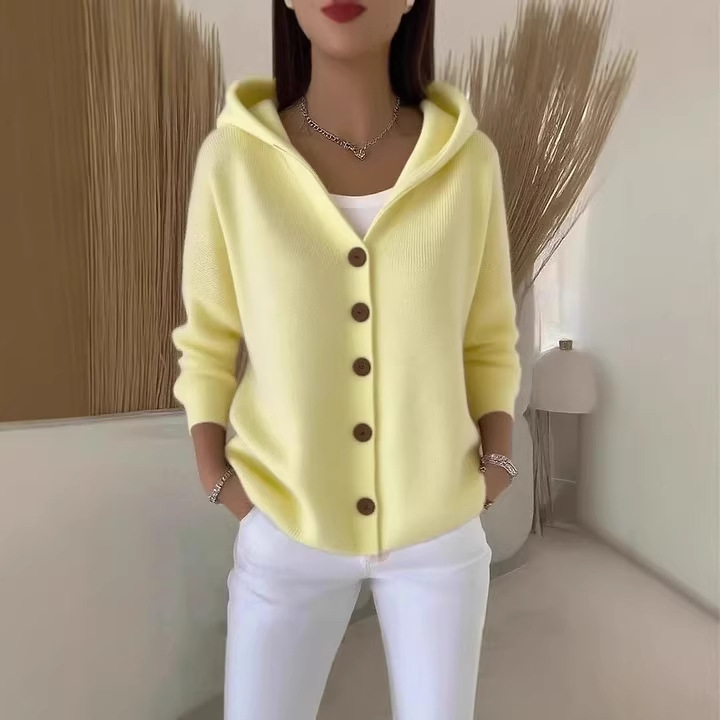 Women's Hooded Knit Cardigan Solid Color Casual Sweater Coat