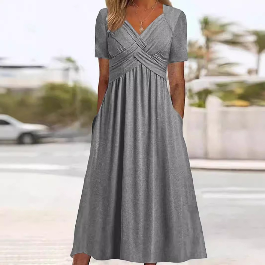 Women's Solid Color Short Sleeve Round Neck Umbrella Dress
