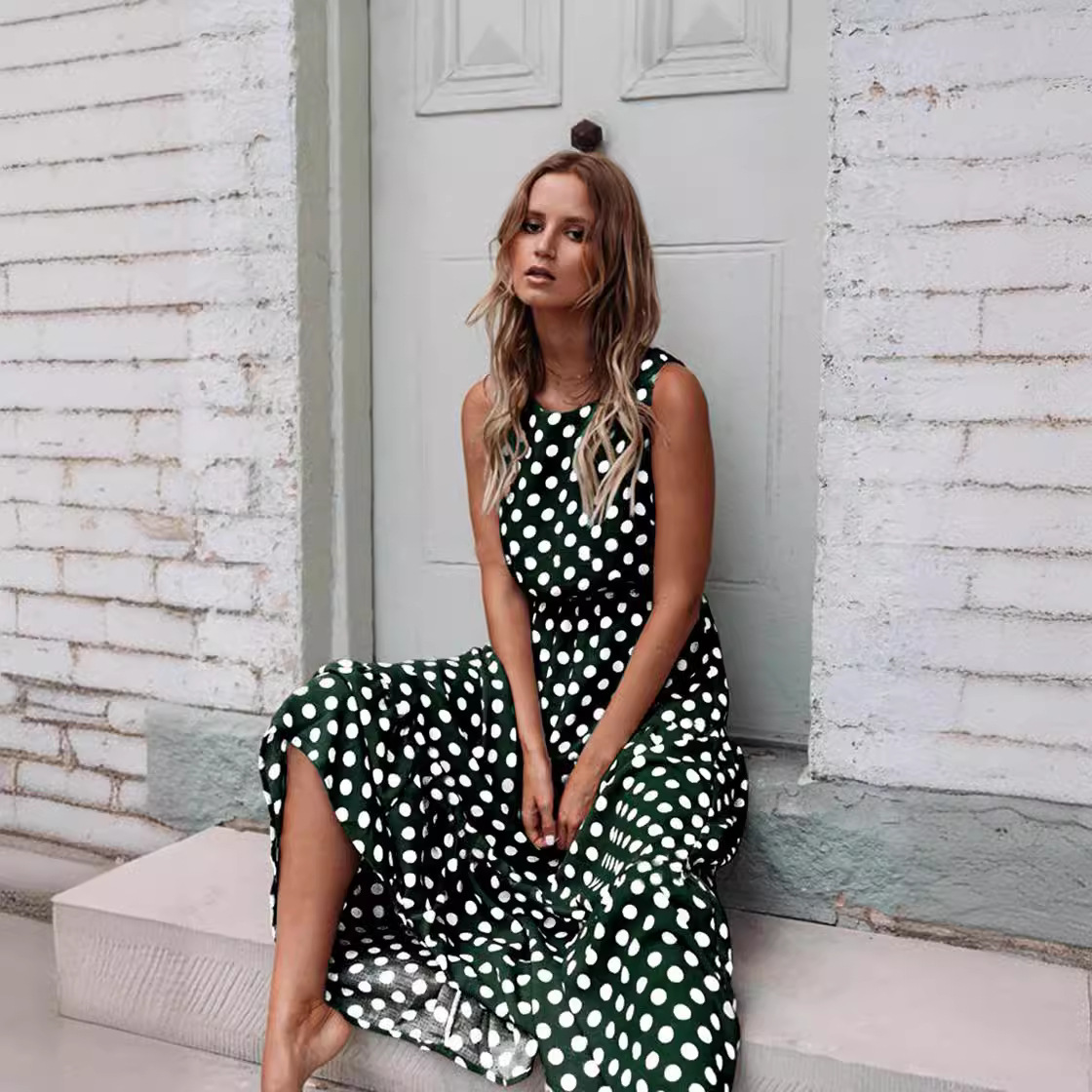 Polka Dot Print Round Neck Long Dress