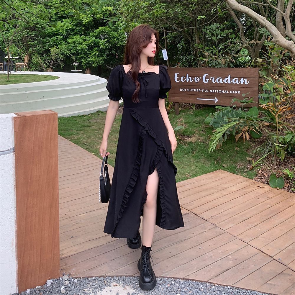Black Square-Neck Bubble-Sleeve Midi Dress with Tie Waist
