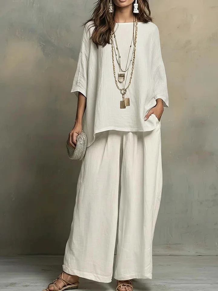 Women's Cotton-Linen Blend Shirt & Wide-Leg Pants Set