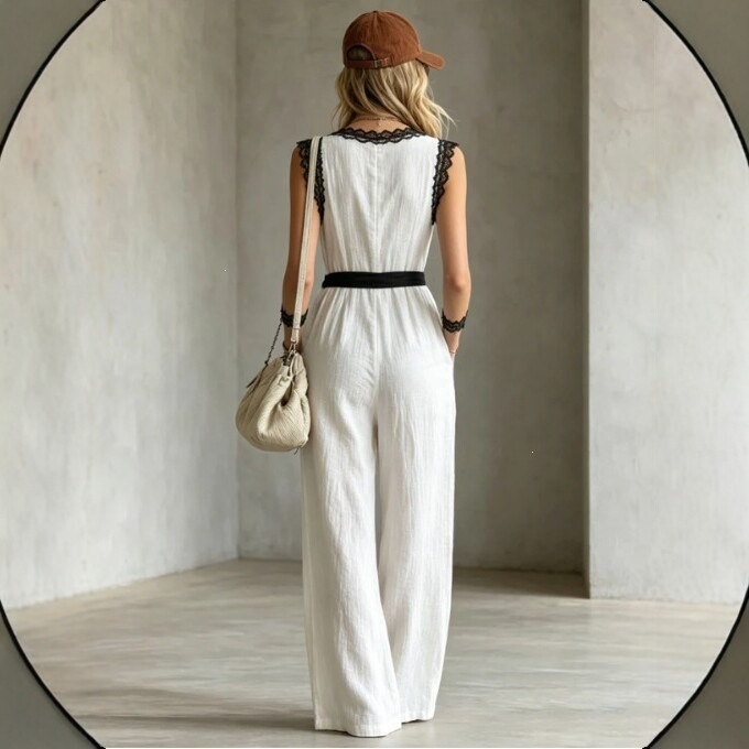 High-Waist Straight-Leg Wide-Leg Jumpsuit with Drape, Slimming, White