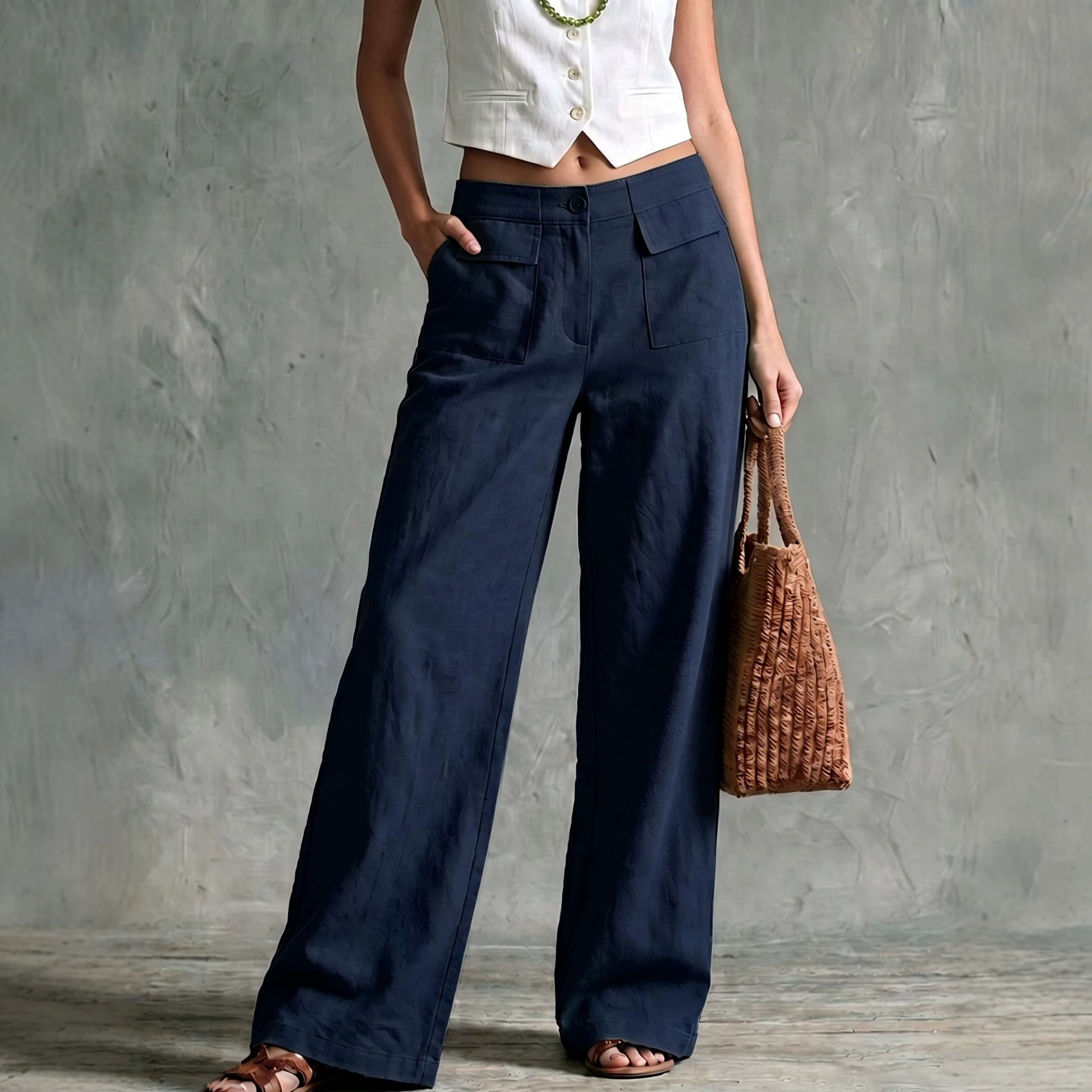 Women's Solid Color Cotton-Linen Wide-Leg Pants High Waist Loose Casual Long Pants