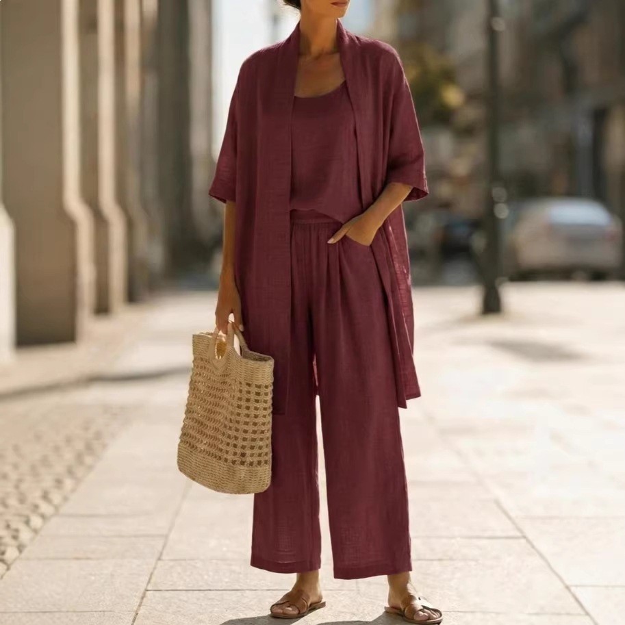 Women's Summer 3-Piece Straight-Leg Solid Color Casual Travel Set