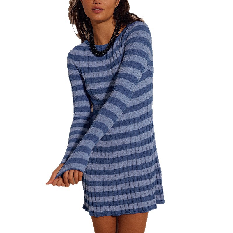 Striped Knit Sweater Dress Crewneck Long Sleeve High Waist