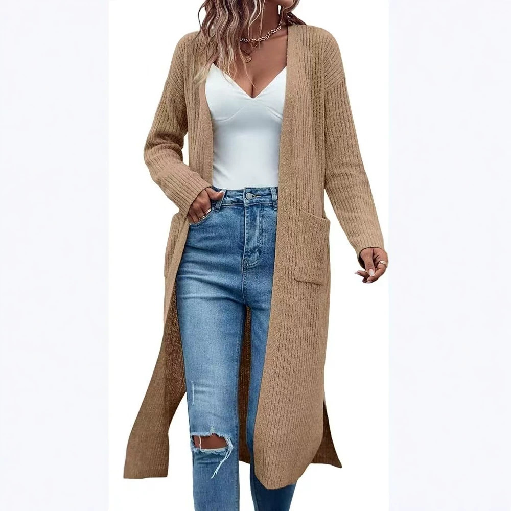 Long Slit Lazy Style Pocket Cardigan Sweater Women's Loose Knit Coat