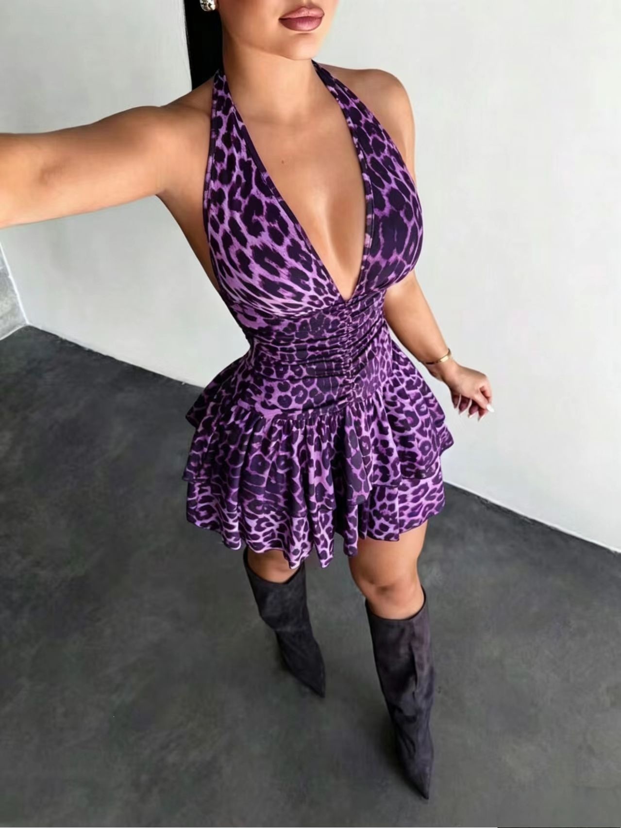 American Retro Leopard Print Backless Lace-Up Bodycon Mini Dress