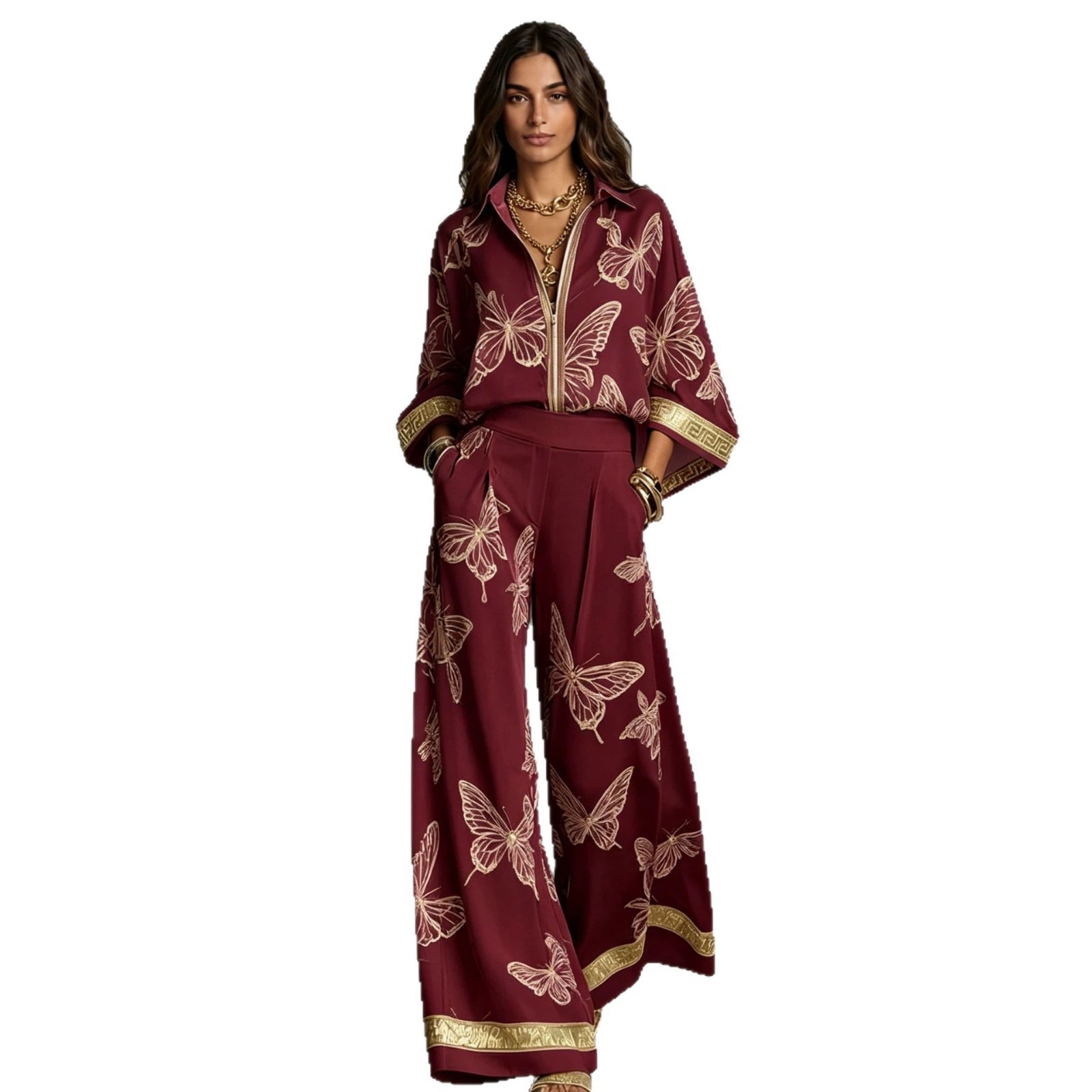 Women's Vintage Print Deep V Zip Top & Wide-Leg Pants Set