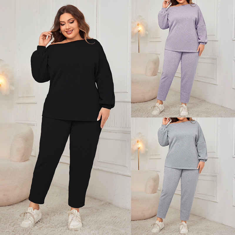Women's Off-Shoulder Long Sleeve Top and Pants Set Plus Size Casual