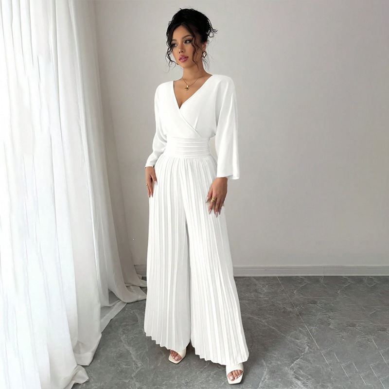 Elegant Solid V-Neck Pleated Waist-Defining Wide-Leg Jumpsuit