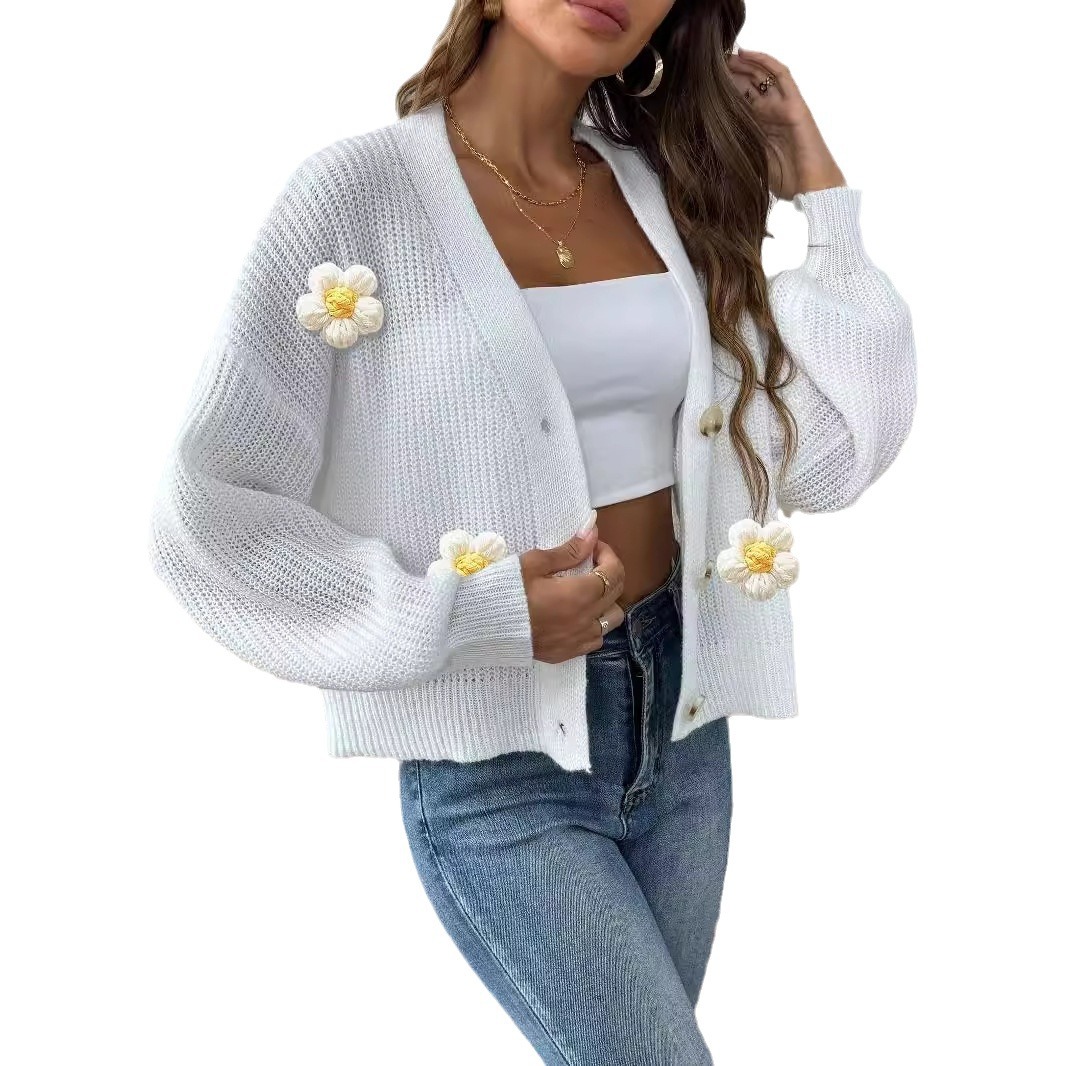 Women's Crochet Floral Spliced Button Cardigan Sweater