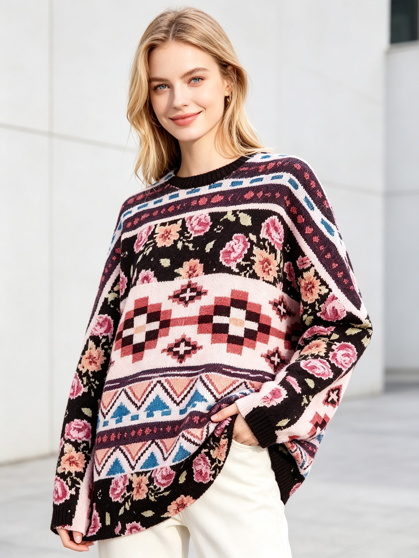 3D Christmas Print Crewneck Pullover Sweater