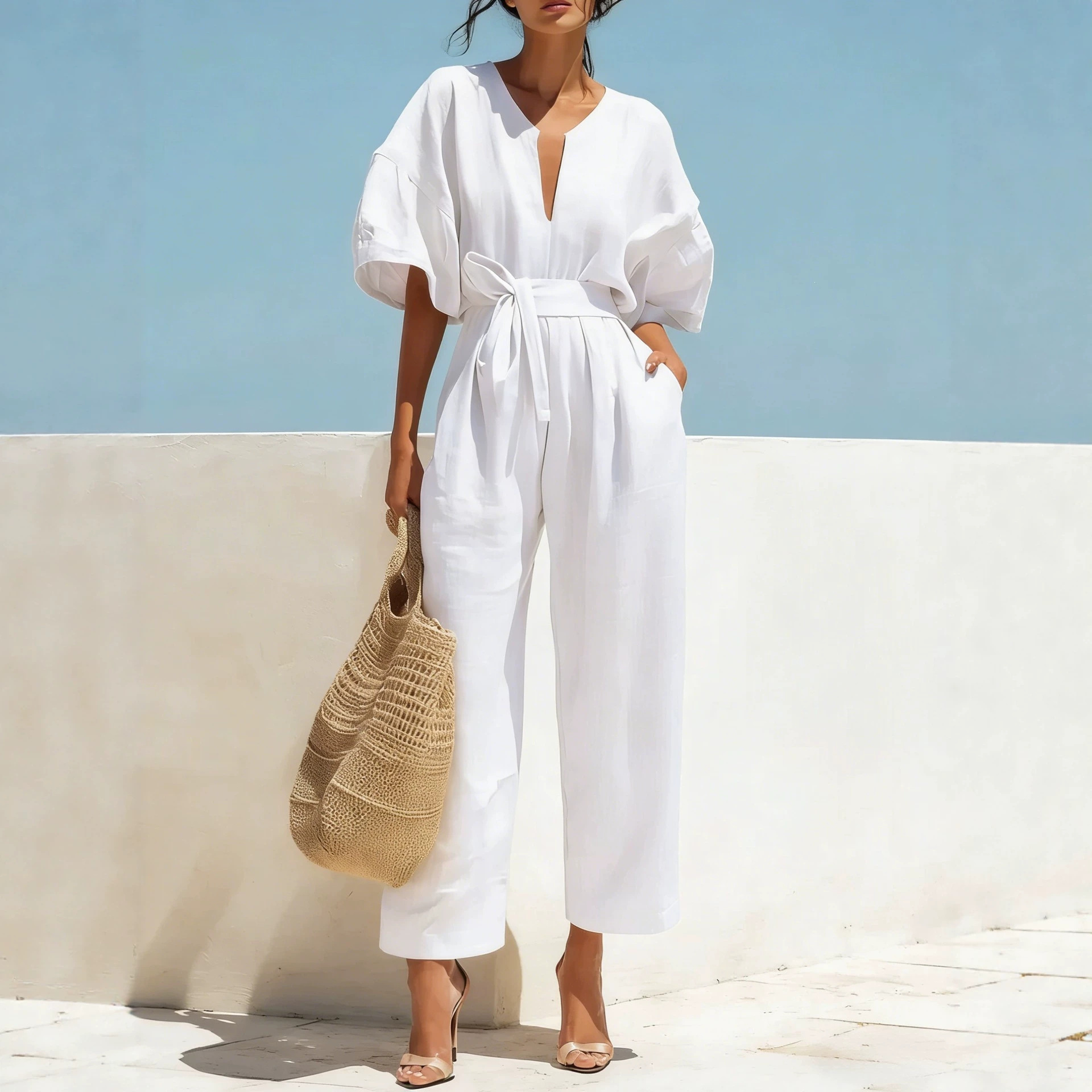 Elegant V-Neck Cotton-Linen Wide-Leg Jumpsuit for Women