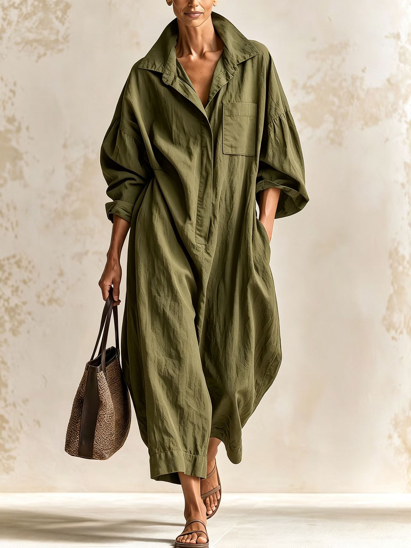 Cotton-Linen Collared Long-Sleeve Wide-Leg Jumpsuit
