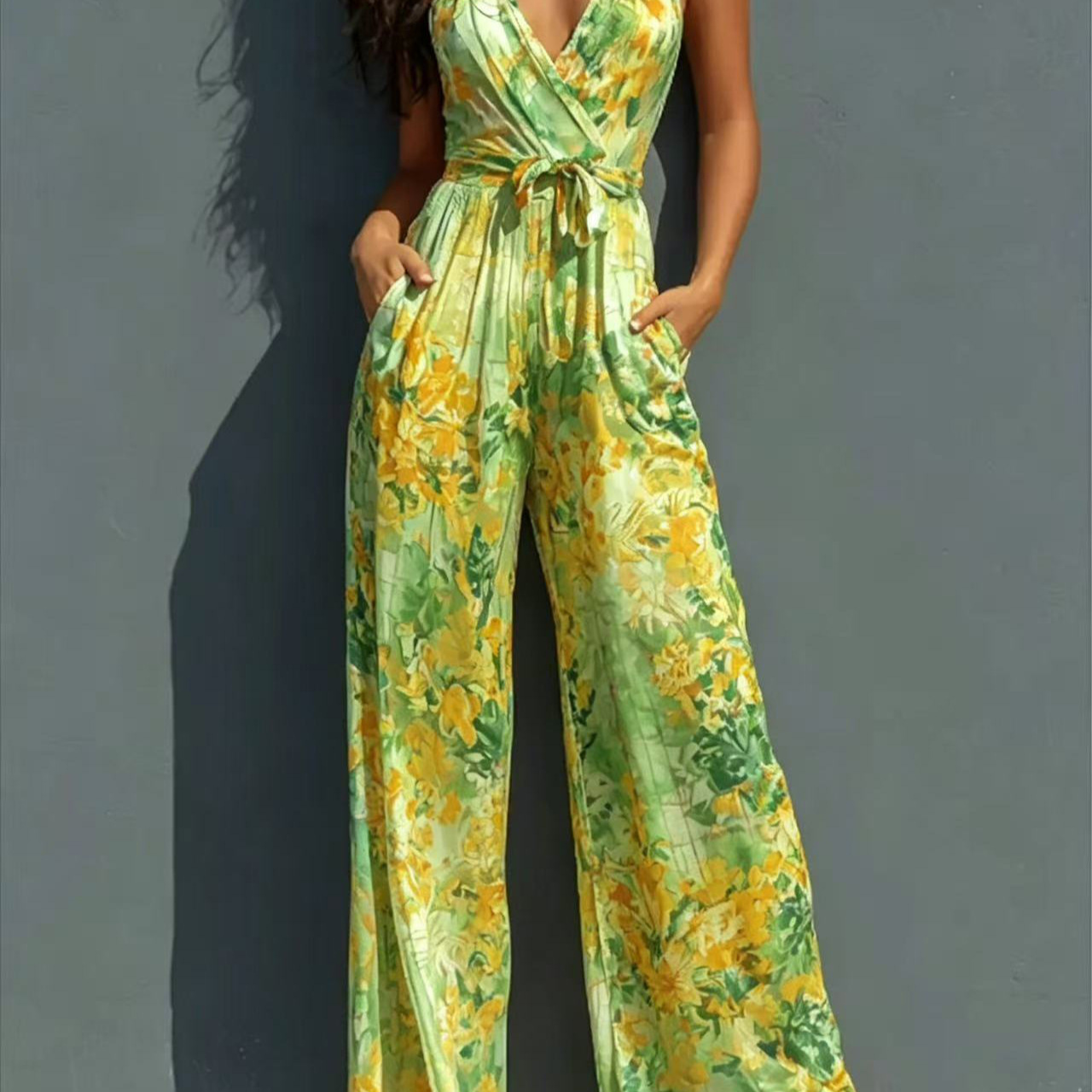 Women's Halter Deep V Printed Jumpsuit High Waist Tie Wide Leg