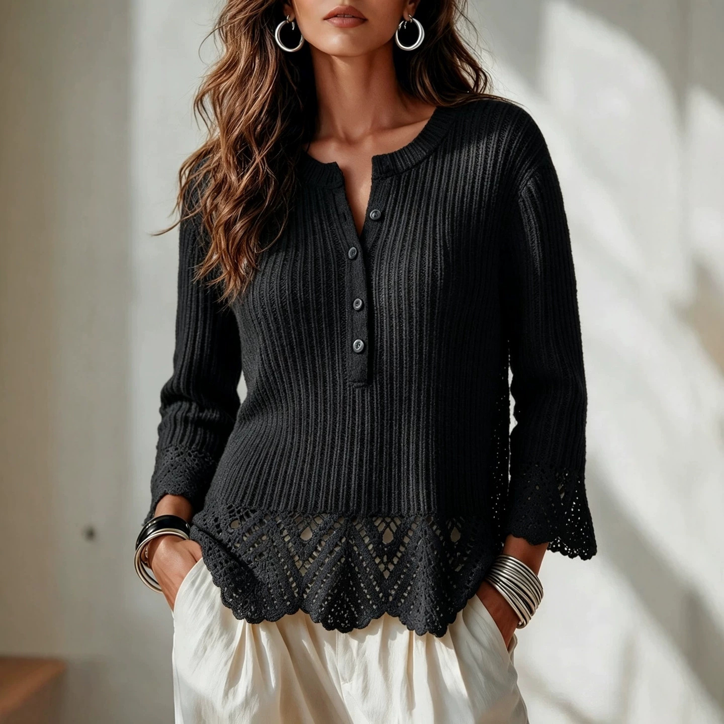 Solid Button Bell Sleeve Loose Slouchy Knit Sweater for Women
