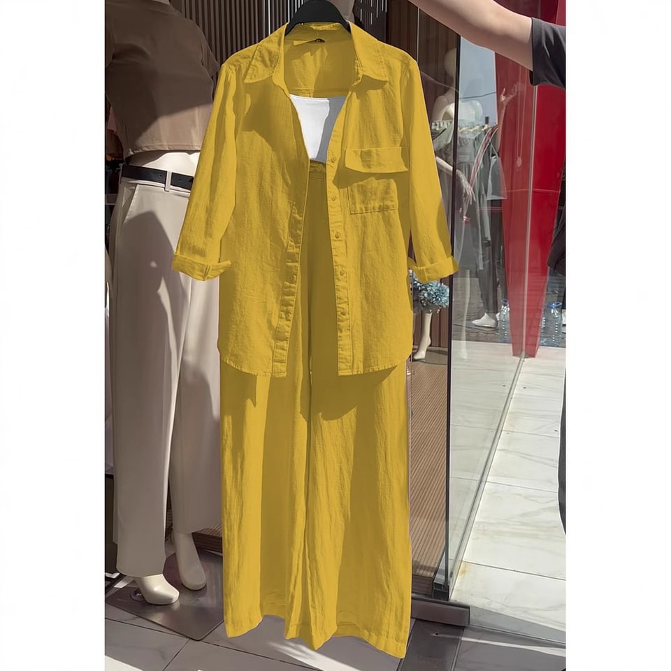 Women's 2-Piece Cotton-Linen Shirt and High-Waist Wide-Leg Pants Set