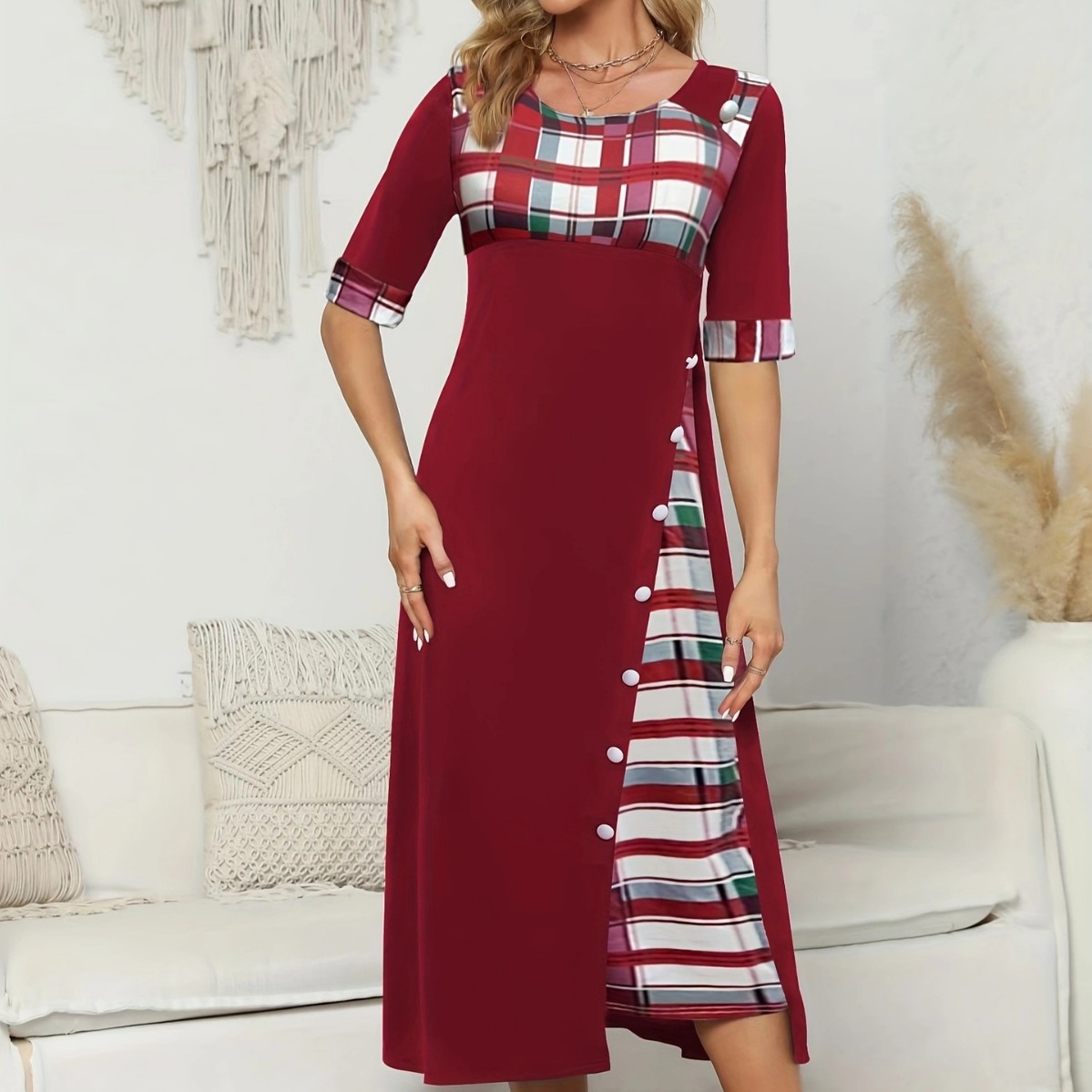 Irregular Plaid Patchwork Round Neck Half Sleeve Long Dress
