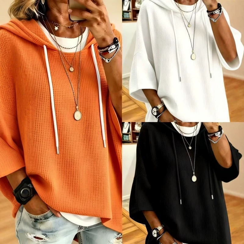 Women's Waffle Knit Hooded Drawstring Sweatshirt Loose Fit