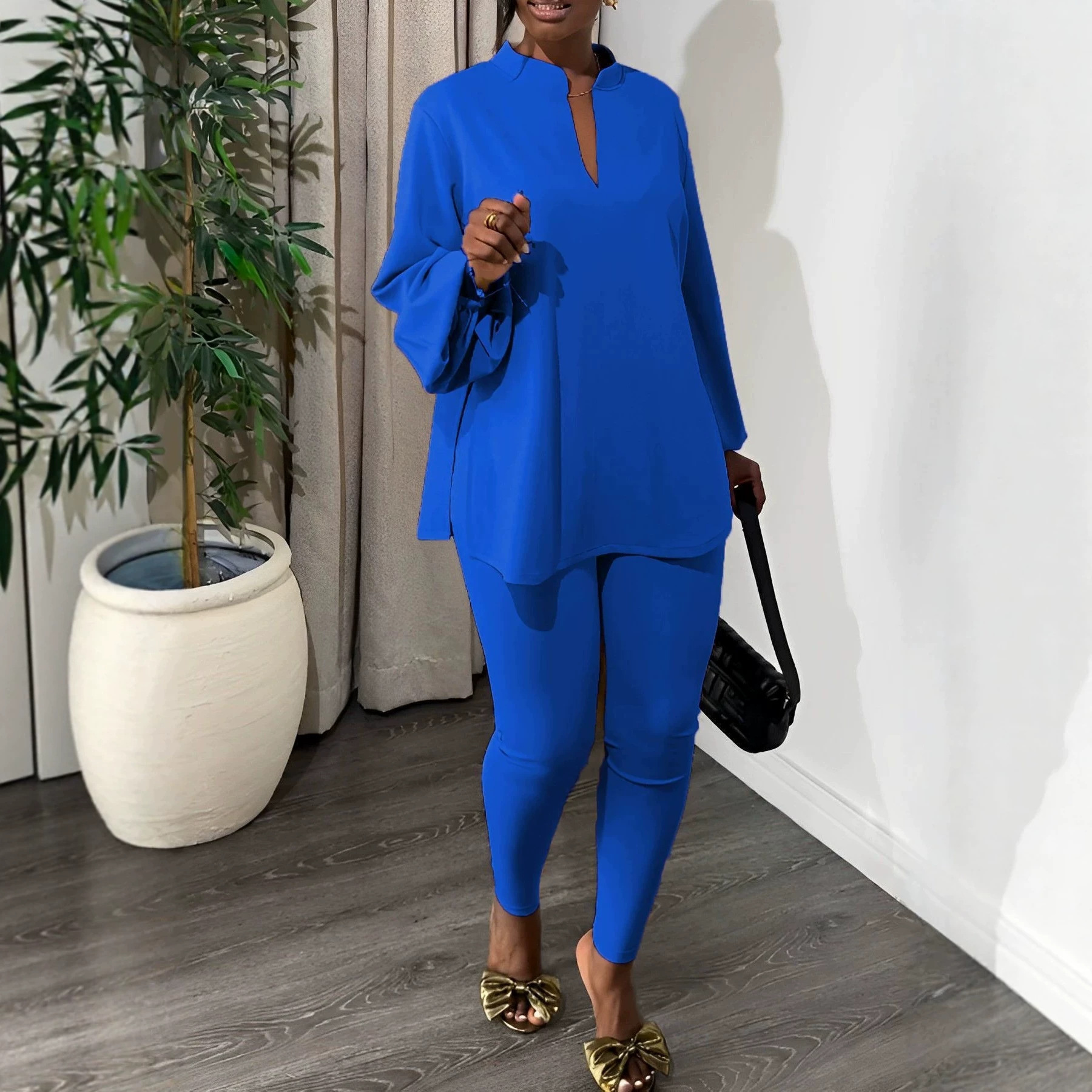 Women's Knit Two-Piece Set Solid Color V-Neck Split Top and Leggings