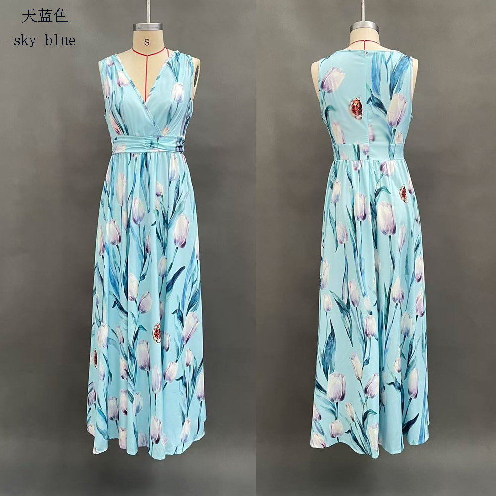 Blue Tulip Print Sleeveless V-Neck Maxi Dress