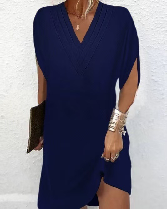 Women's V-Neck Pleated Batwing Sleeve Midi Dress