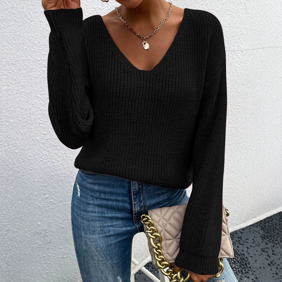 French Lace V-Neck Open-Back Long-Sleeve Sweater