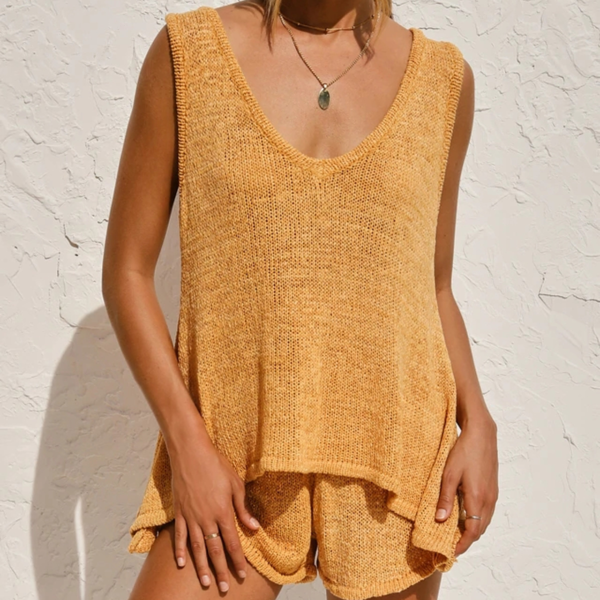 Women's Deep V-Neck Tie Knit Sweater and Shorts Two-Piece Set