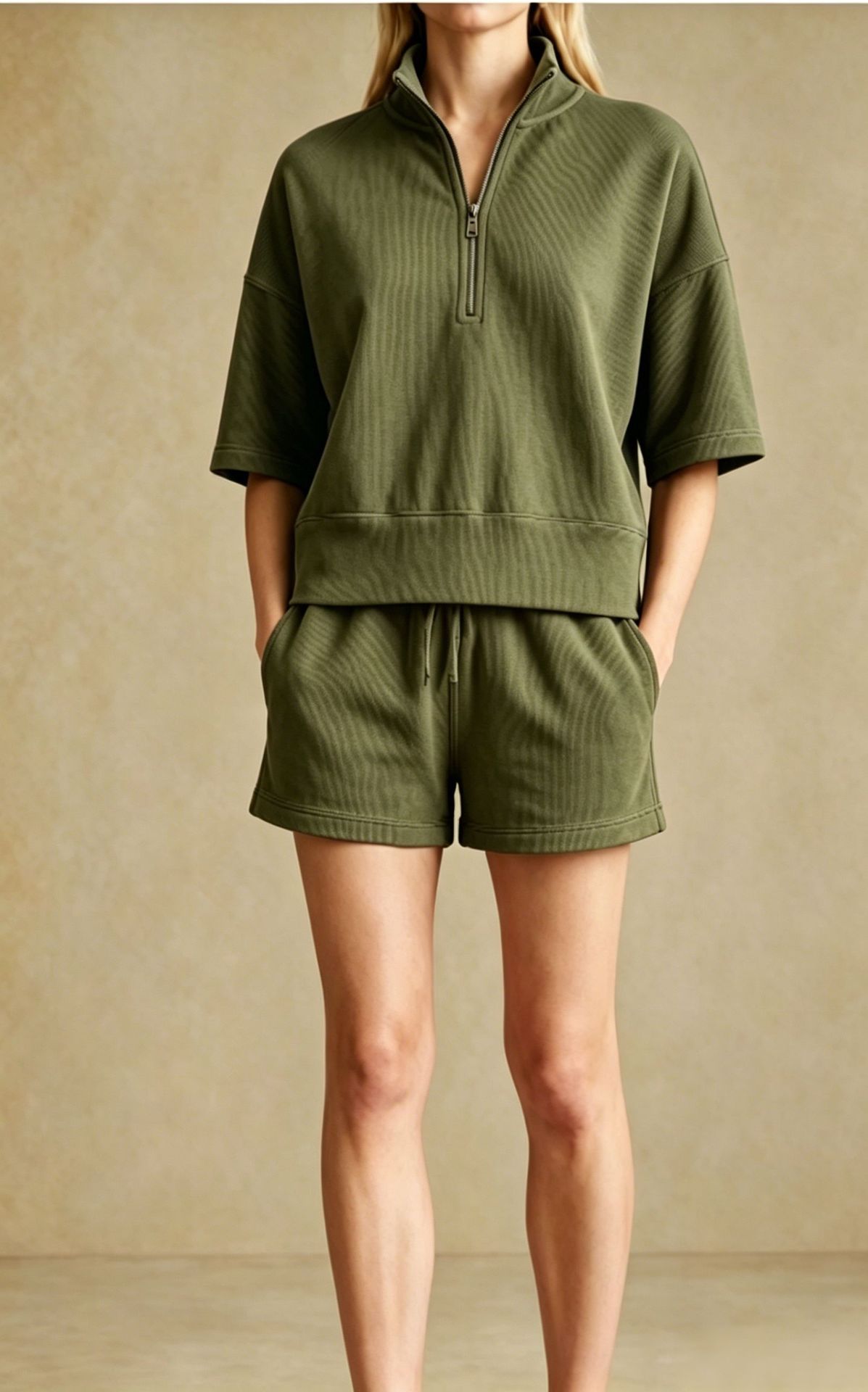 Women's Half-Zip Ribbed Short Sleeve and Shorts Athletic Set