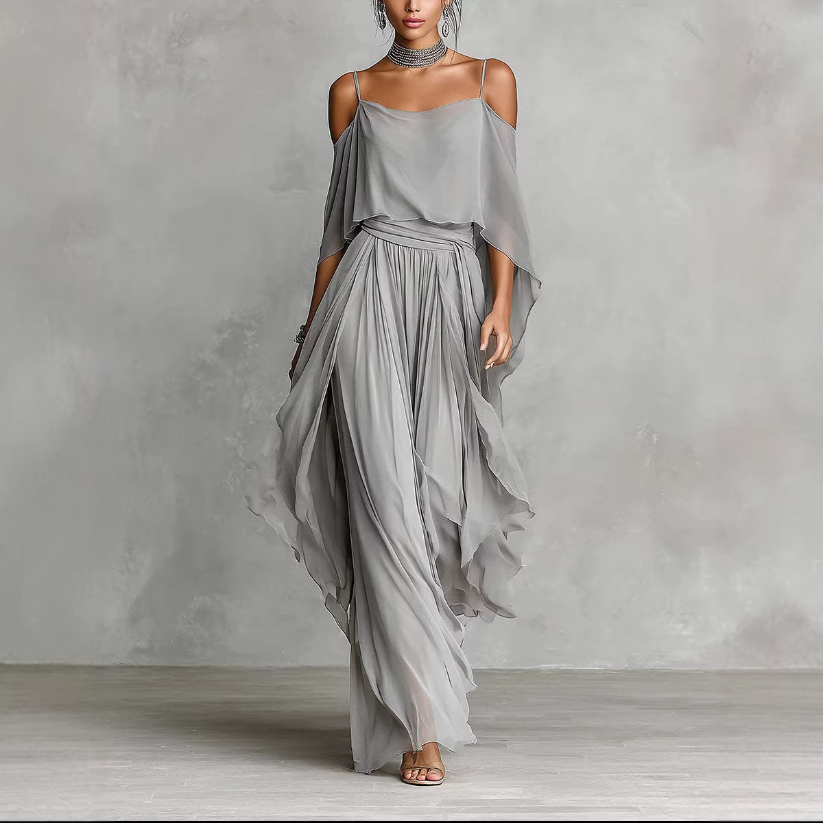 Sleeveless Off-Shoulder Chiffon Top and Asymmetric Pants Set