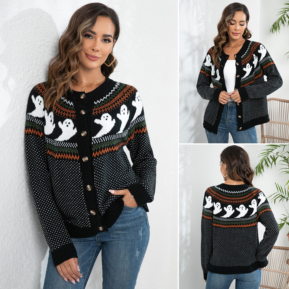 Halloween Ghost Polka Dot Long Sleeve Knit Cardigan Sweater Women Loose