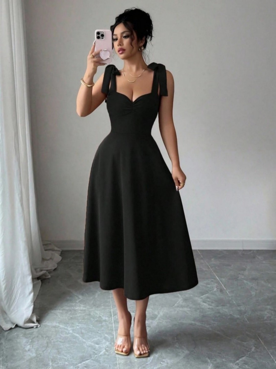 Solid Color Sleeveless Midi Dress with Waist-Cinching A-Line Silhouette