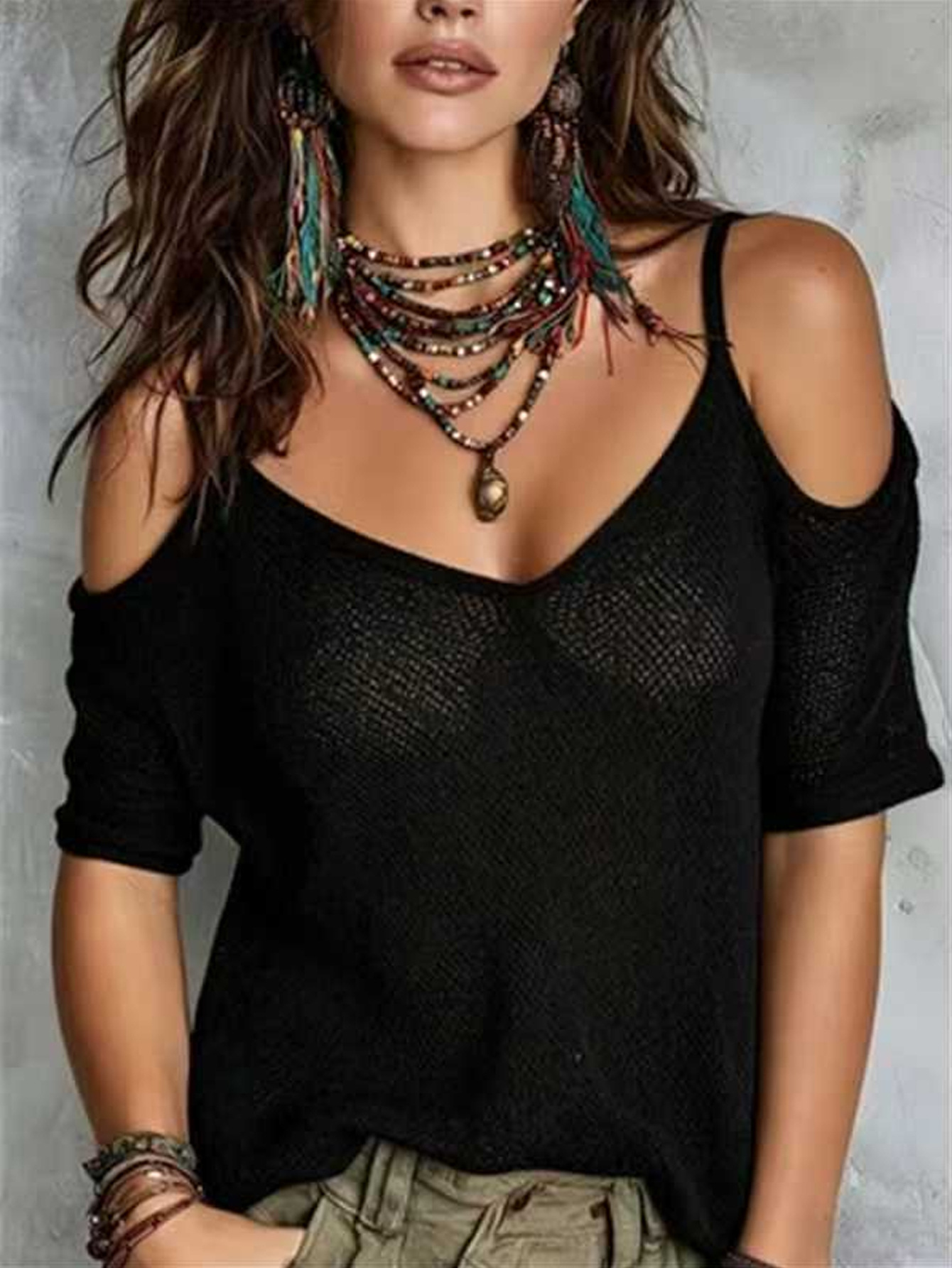 Women's Off-Shoulder Knit Short Sleeve Top Solid Color