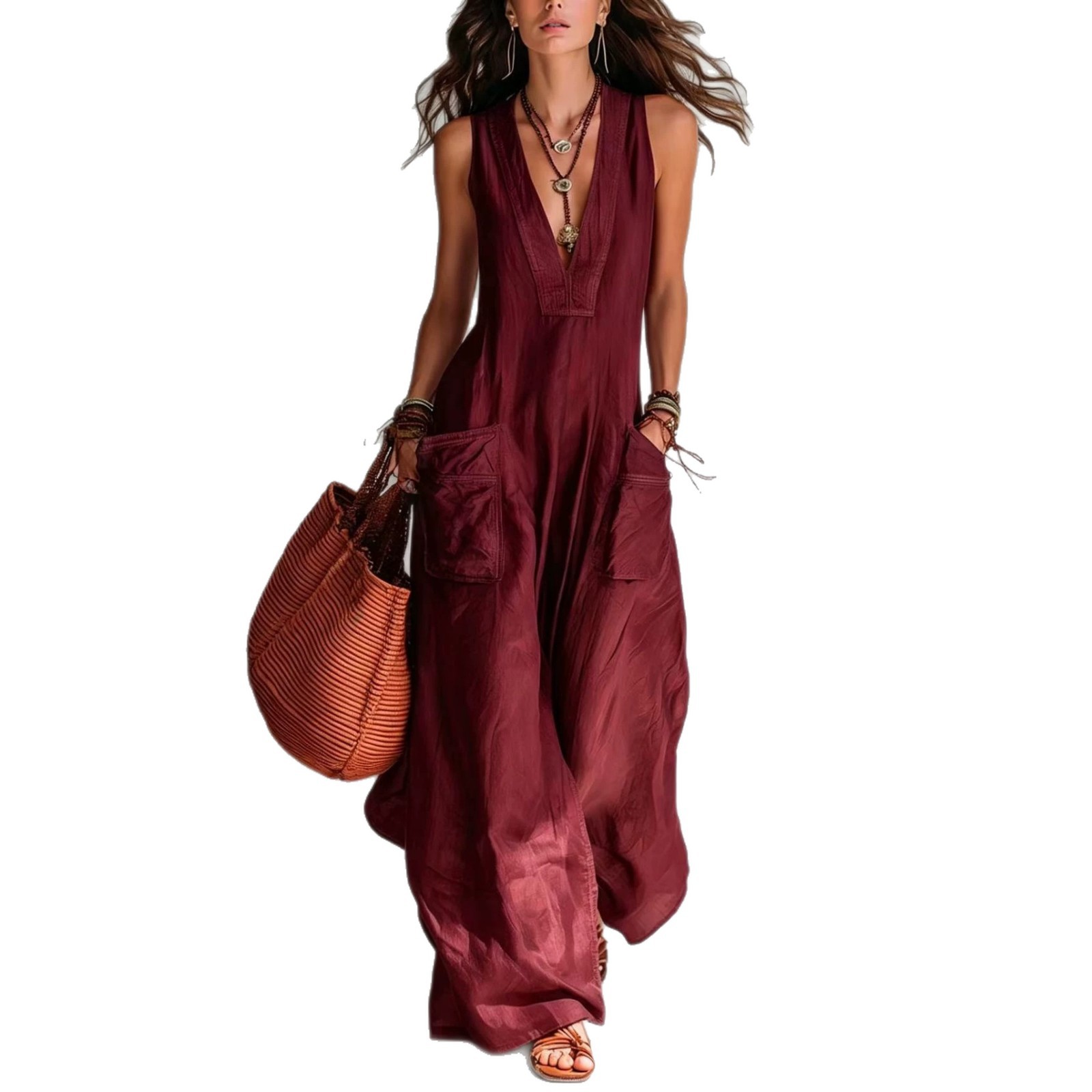 Sleeveless V-Neck Wide-Leg Jumpsuit with Pockets