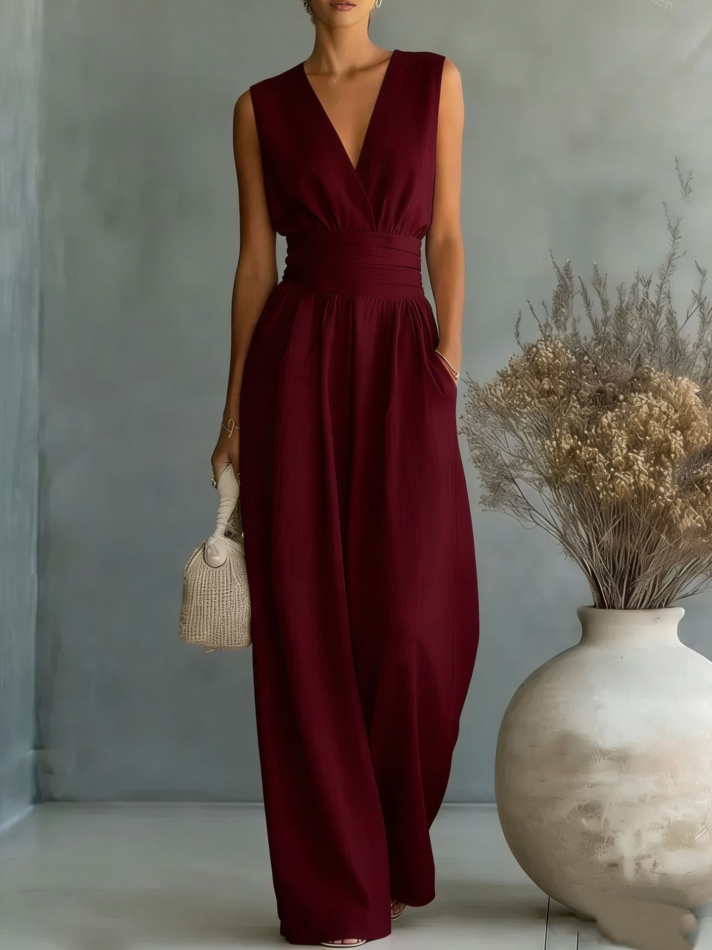 Elegant Sleeveless V-Neck Cinched Waist Jumpsuit