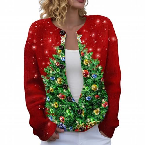 Women's Christmas Reindeer Snowman Print Faux Sweater Cardigan