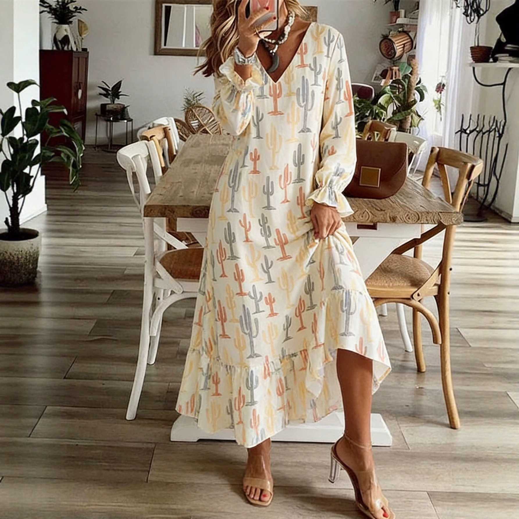 Floral Print V-Neck Long Sleeve Maxi Dress
