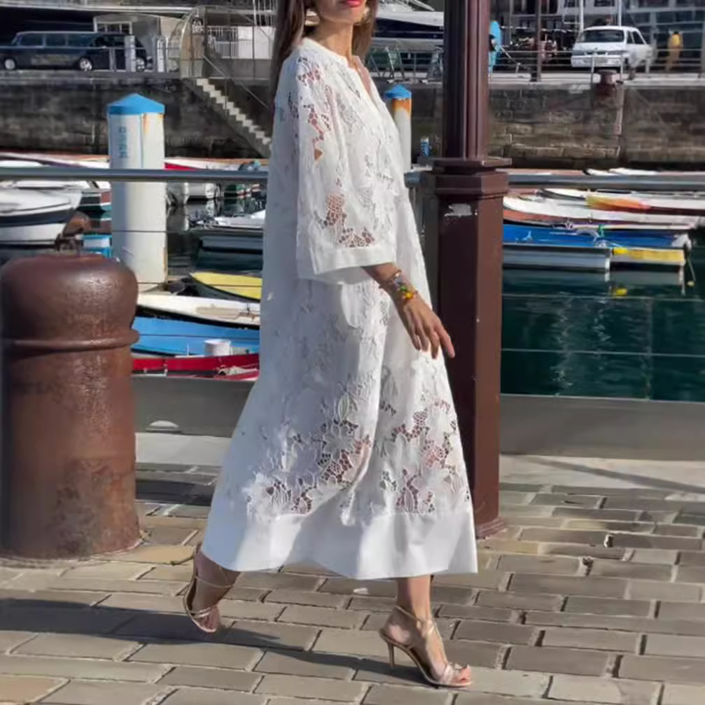 V-Neck Long Sleeve Lace Hollow-Out Maxi Dress