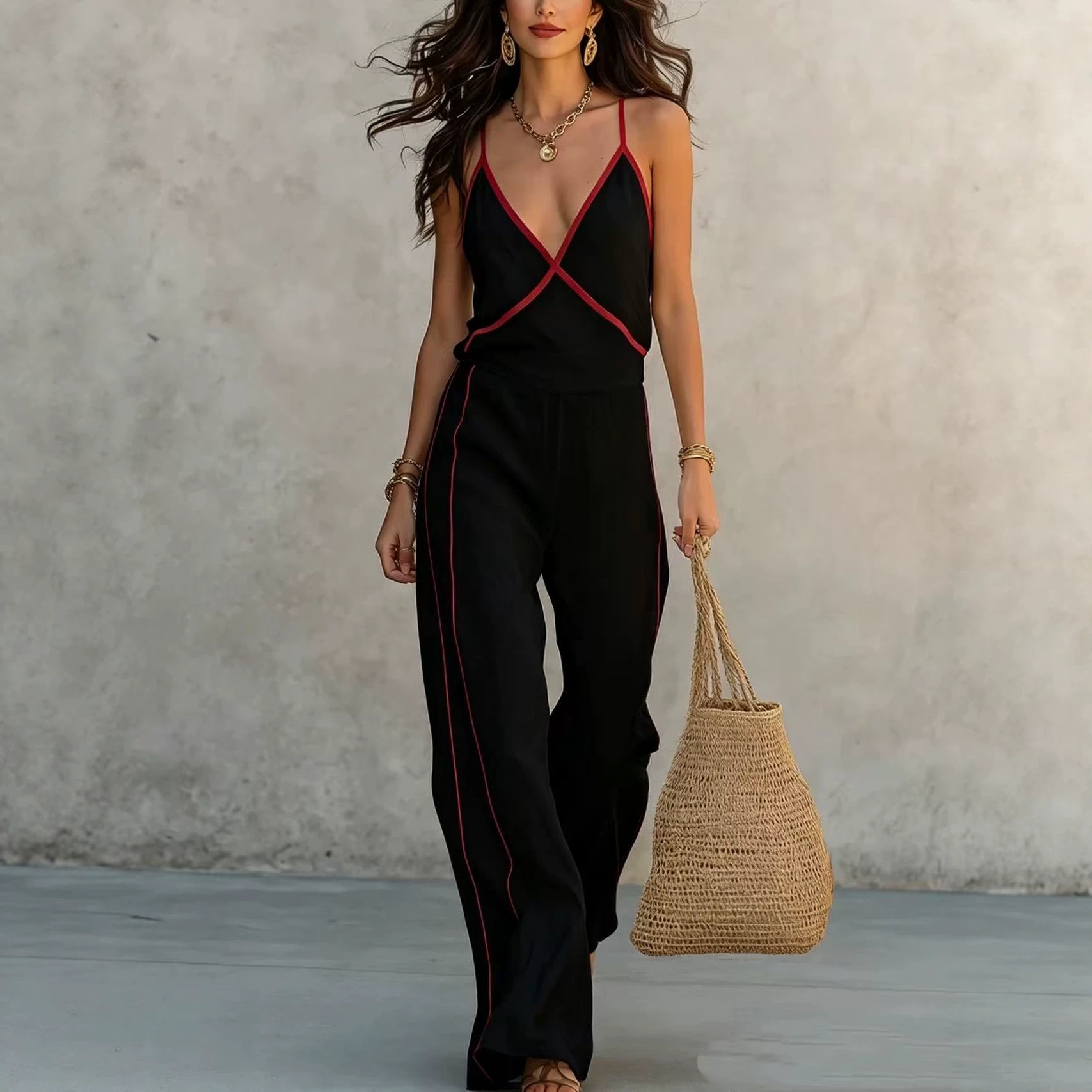 Spaghetti Strap Wide-Leg Pants Set with Contrast Trim
