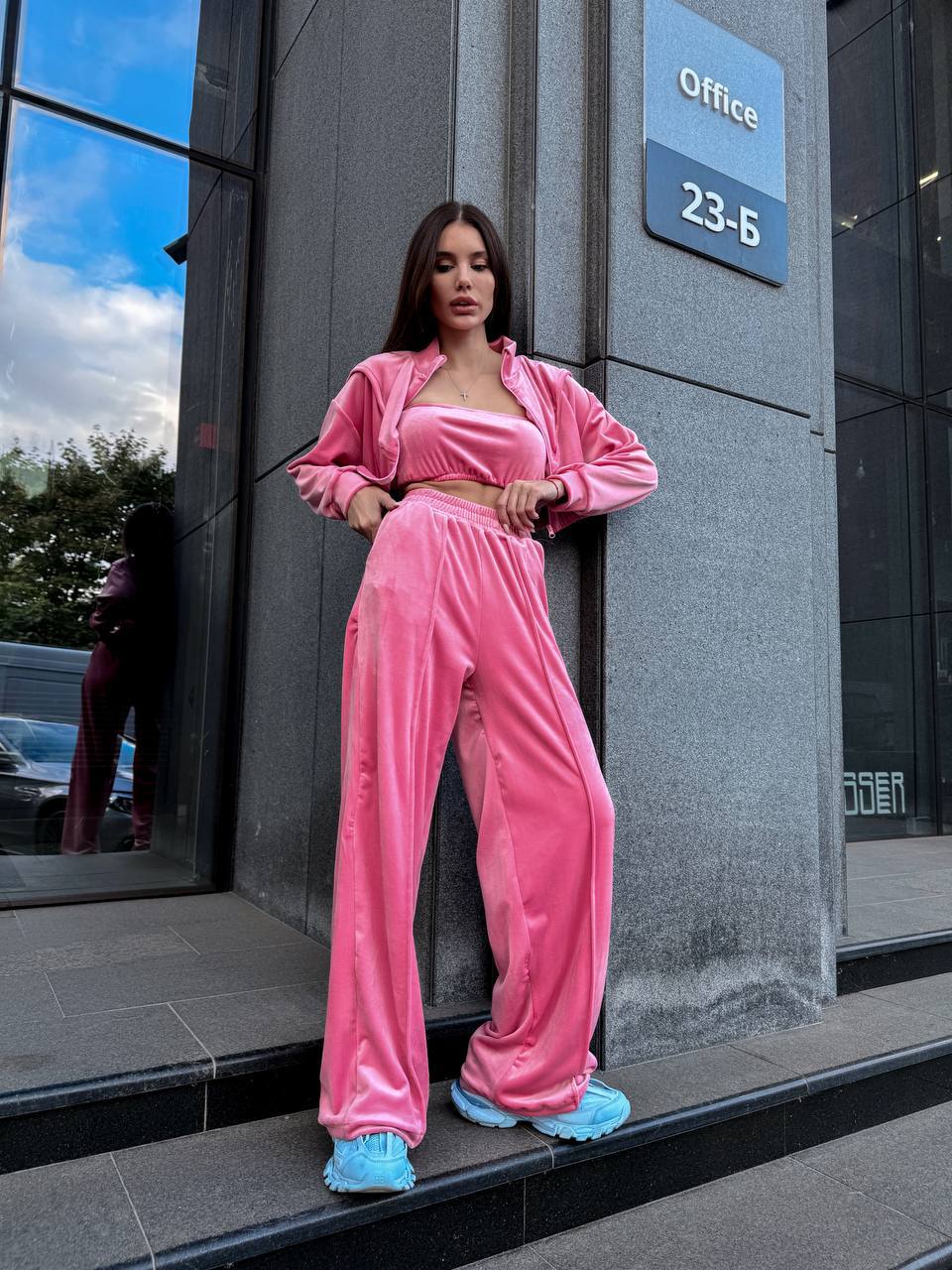 Women's Solid Velvet Stand-Collar Long-Sleeve Three-Piece Pants Set