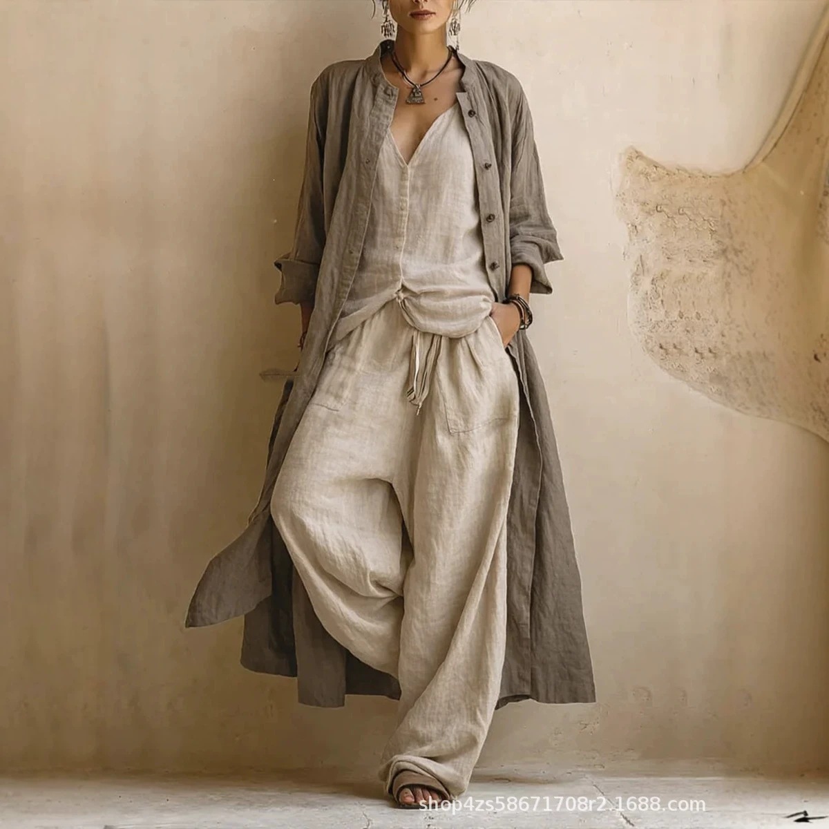 Women's Summer Solid Color Wide-Leg Pants 3-Piece Set