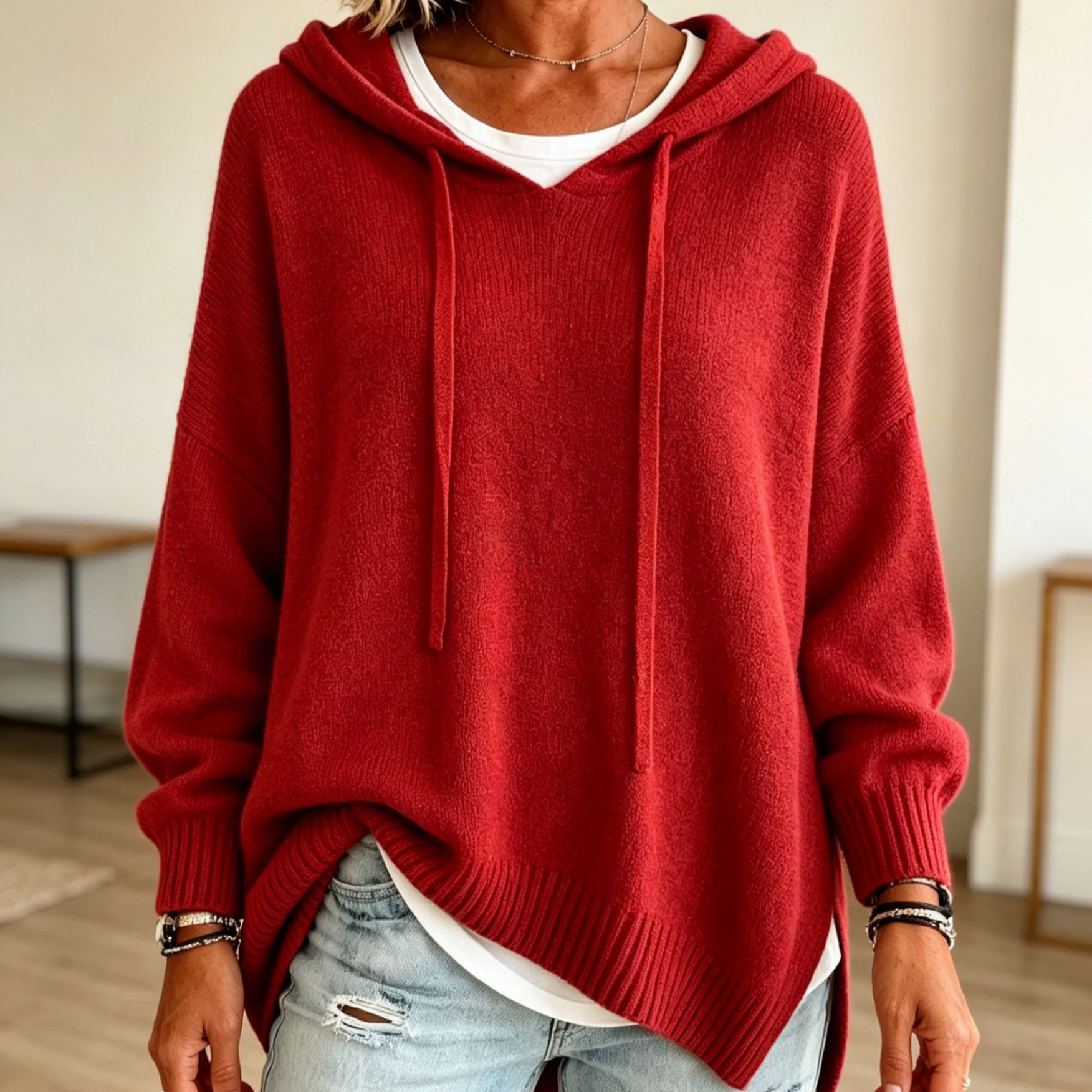 Women's Knit Hooded Drawstring Pullover Sweater Loose Long Sleeve