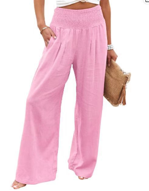 Cotton-Linen Wide-Leg Pants with Elastic High Waist