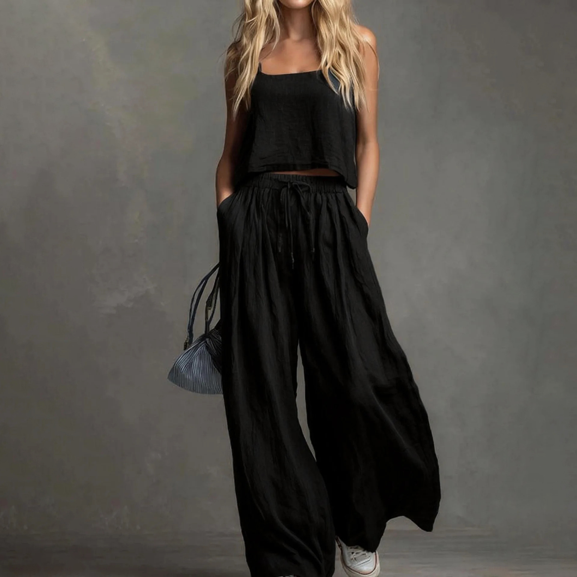 Women's Solid Sleeveless Cami Top and Wide-Leg Pants Set