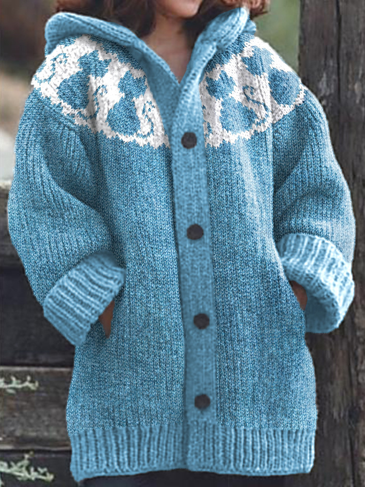 Women's Floral Ghost Print Hooded Button Cardigan Sweater