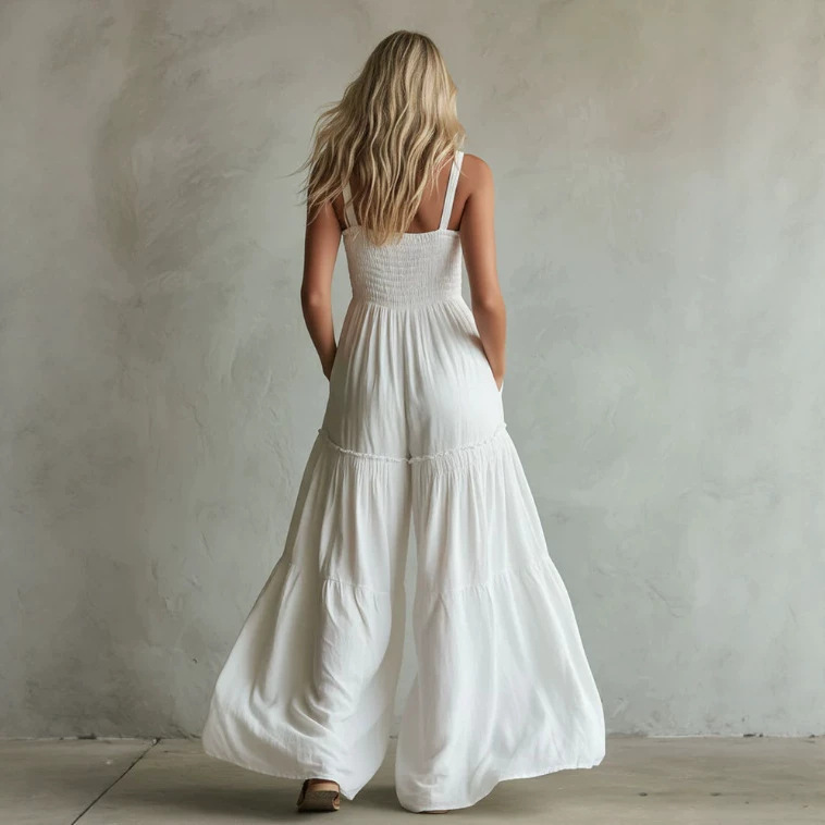 Women's Sleeveless Square Neck Pleated Wide-Leg Jumpsuit