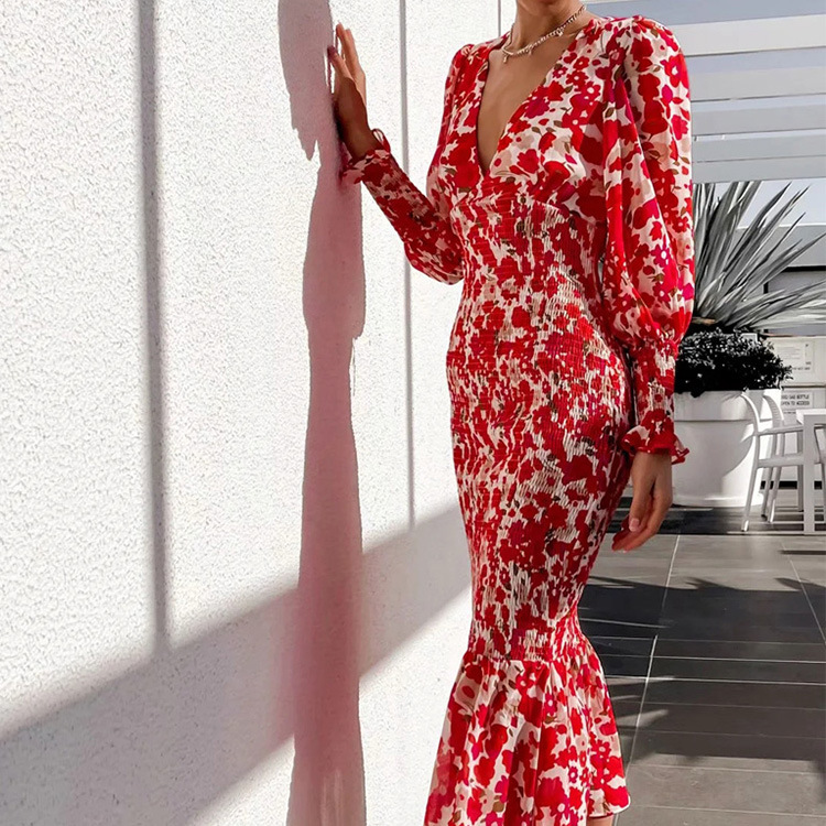 Women's V-Neck Mermaid Dress High Waist Bodycon Long Gown