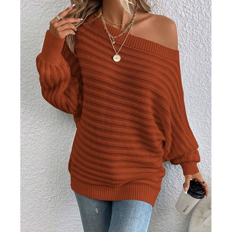 Women's Ribbed Boat Neck Batwing Sleeve Pullover Sweater